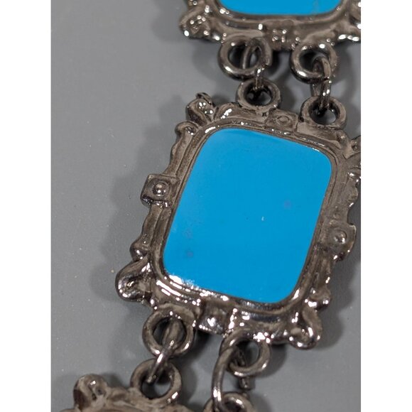 Retro Blue Enamel Gray Metallic Book Link Chain Bracelet 7.5" - Picture 8 of 10